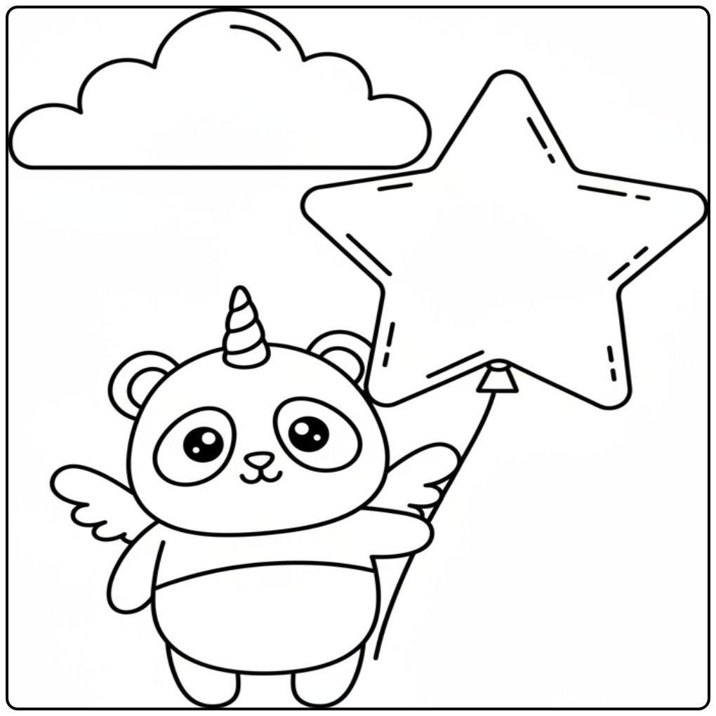 Un adorable coloriage panda licorne avec un ballon étoile.