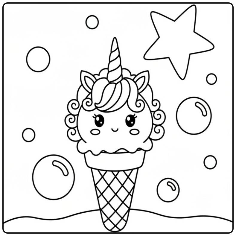 Un mignon coloriage glace licorne avec un cornet et des étoiles.