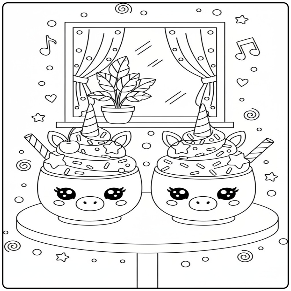 Adorable Coloriage glace licorne sundae à deux sur une table.