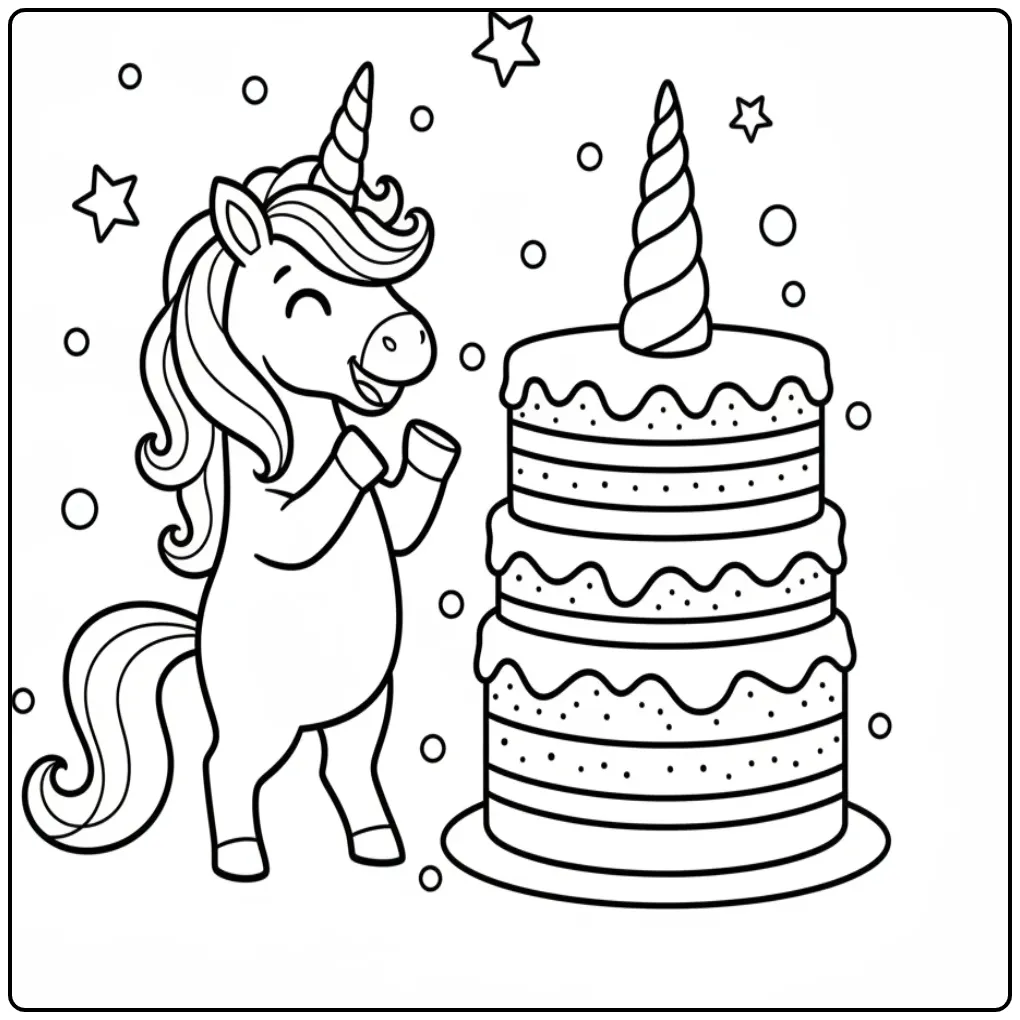 Un joyeux coloriage gateau licorne applaudissant une tarte.