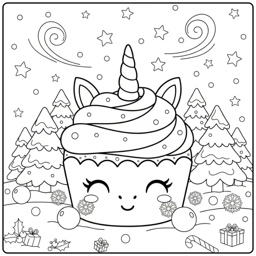 Adorable Coloriage gateau de Noël licorne dans un décor d'hiver.