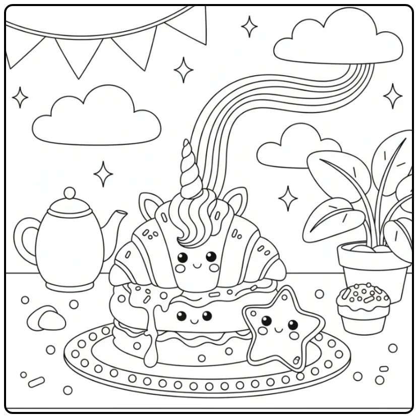 Joli Coloriage gateau licorne et arc-en-ciel avec un ami biscuit.