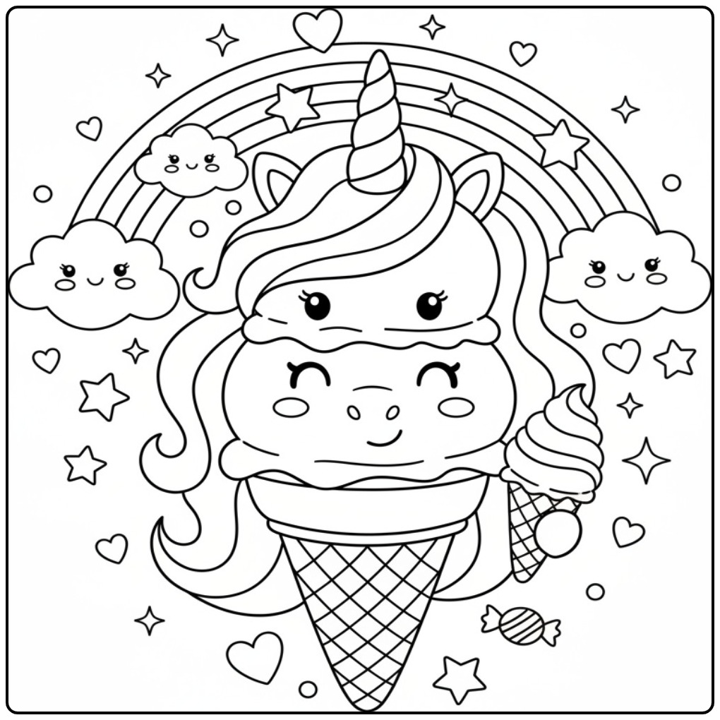 Un adorable Coloriage glace licorne arc-en-ciel et ses nuages.