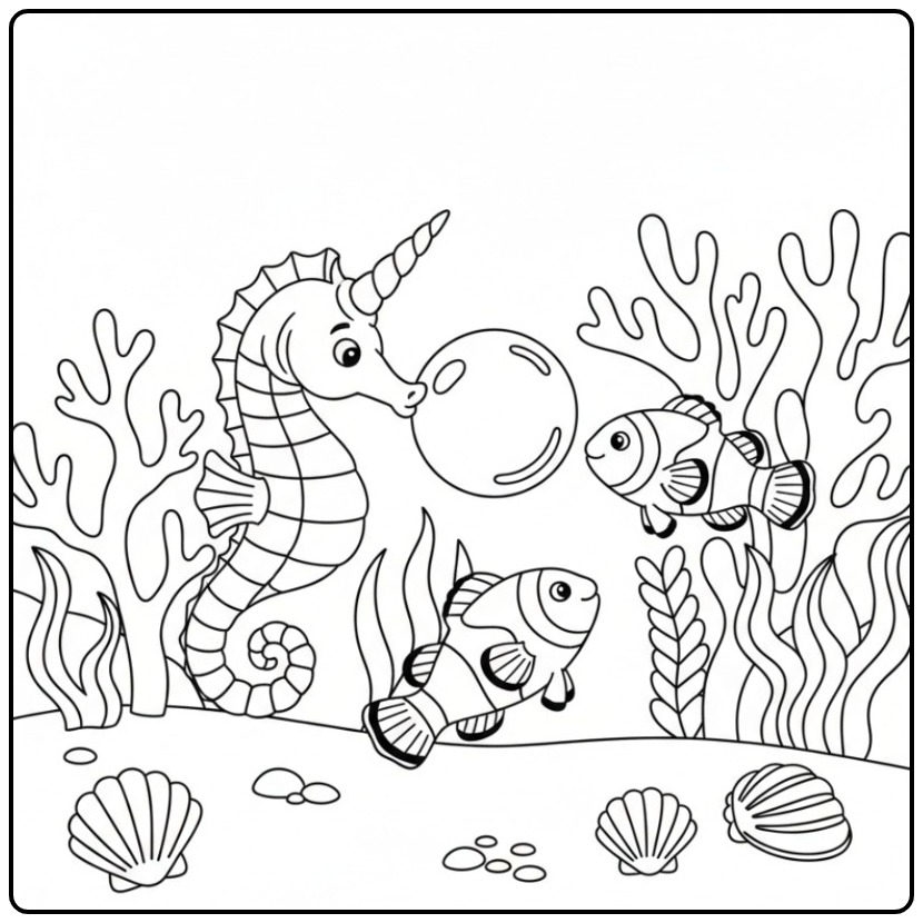 Un joli dessin sous marin pour coloriage hippocampe licorne.