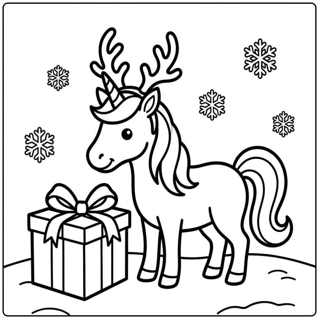 Un joli coloriage licorne noel avec des bois de renne magiques.