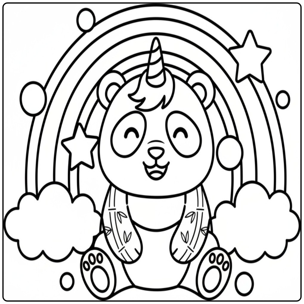 Joli dessin de coloriage panda licorne avec un arc-en-ciel.
