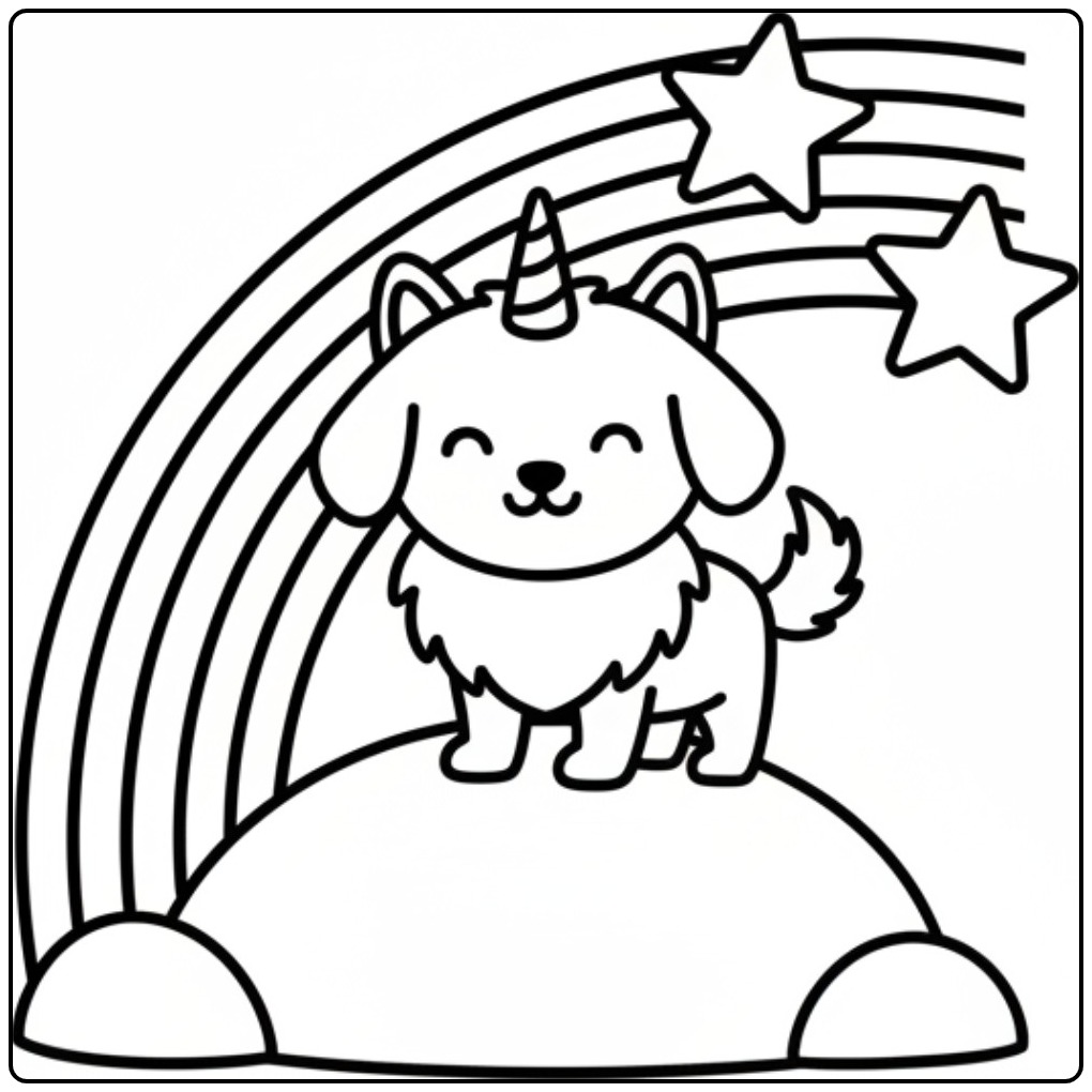 Un adorable coloriage chien licorne kawaii avec un arc-en-ciel.
