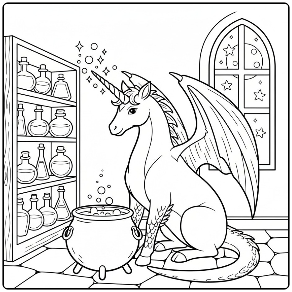 Un superbe coloriage dragon licorne dans un laboratoire magique.