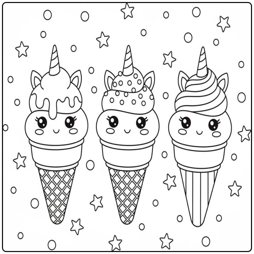 Joli Coloriage glace licorne avec cornets spéciaux et étoiles.