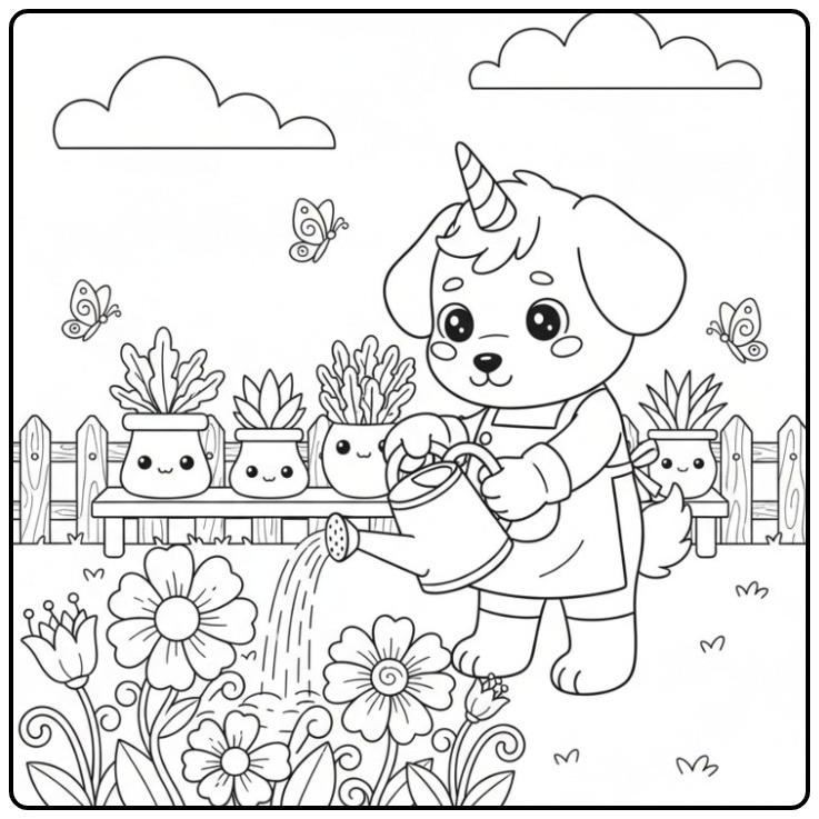 Un joli coloriage chien licorne qui s'occupe de son jardin.