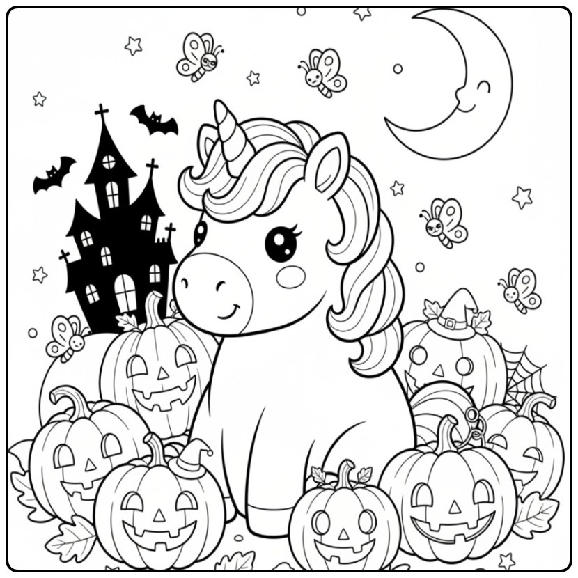 Joli Coloriage Halloween licorne papillon entouré de citrouilles.