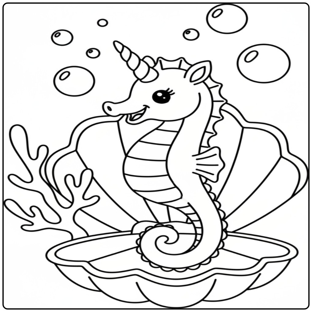 Joli dessin de coloriage hippocampe licorne dans son coquillage.