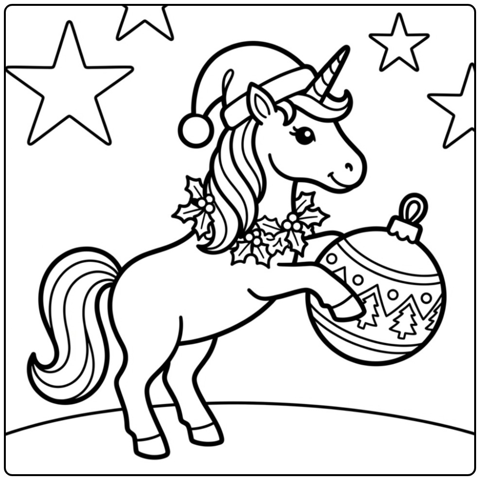 Joli coloriage licorne noel avec un bonnet et une boule de sapin.