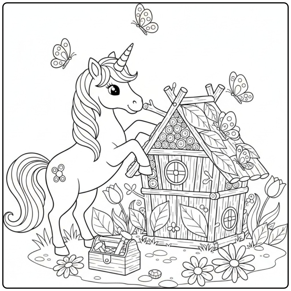 Un joli dessin de coloriage licorne papillon et sa cabane.