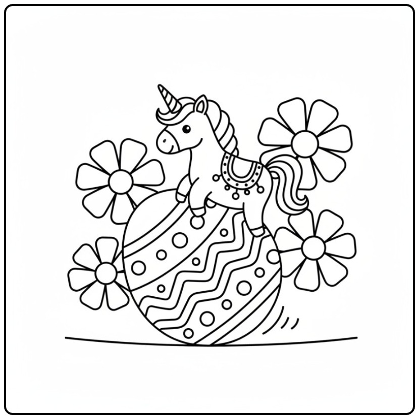 coloriage licorne paques mignonne sur un œuf décoré avec des fleurs