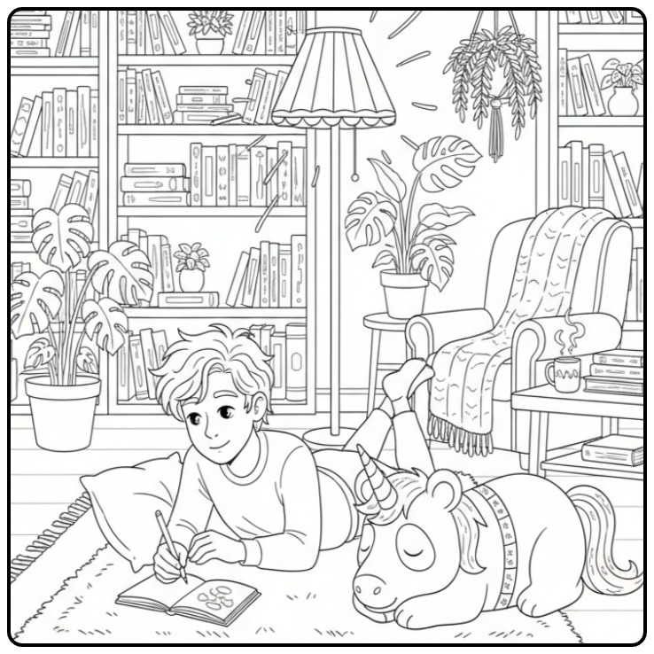 Scène douillette avec un garçon et son coloriage panda licorne.