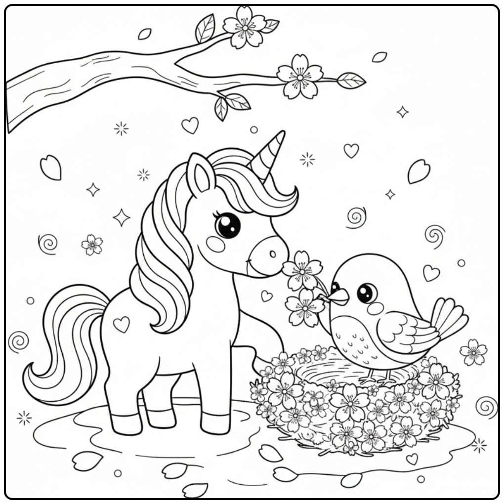 Un mignon Coloriage licorne et fleurs de cerisier et son ami oiseau.