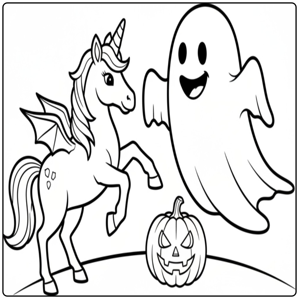 Un joli coloriage licorne halloween avec un fantôme souriant.