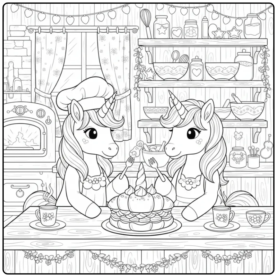 Deux licornes dégustant un croissant, un coloriage gateau licorne.