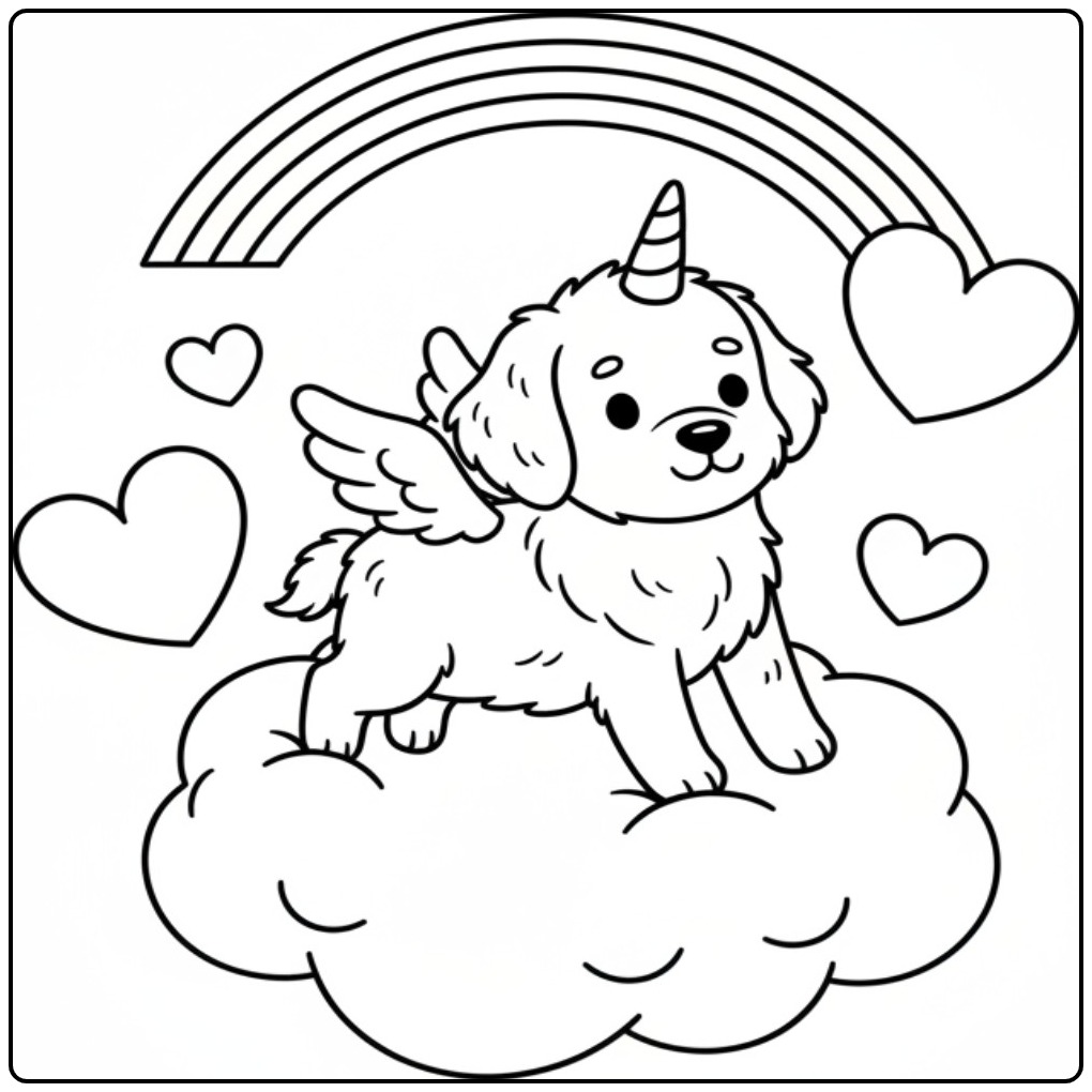 Adorable coloriage chien licorne avec des ailes sur un nuage.
