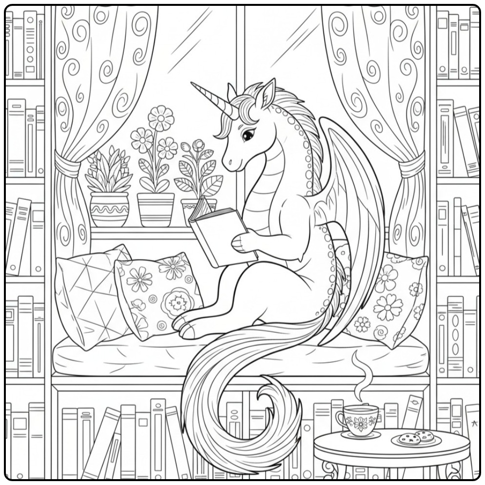 Un coloriage dragon licorne lisant un livre dans une bibliothèque.