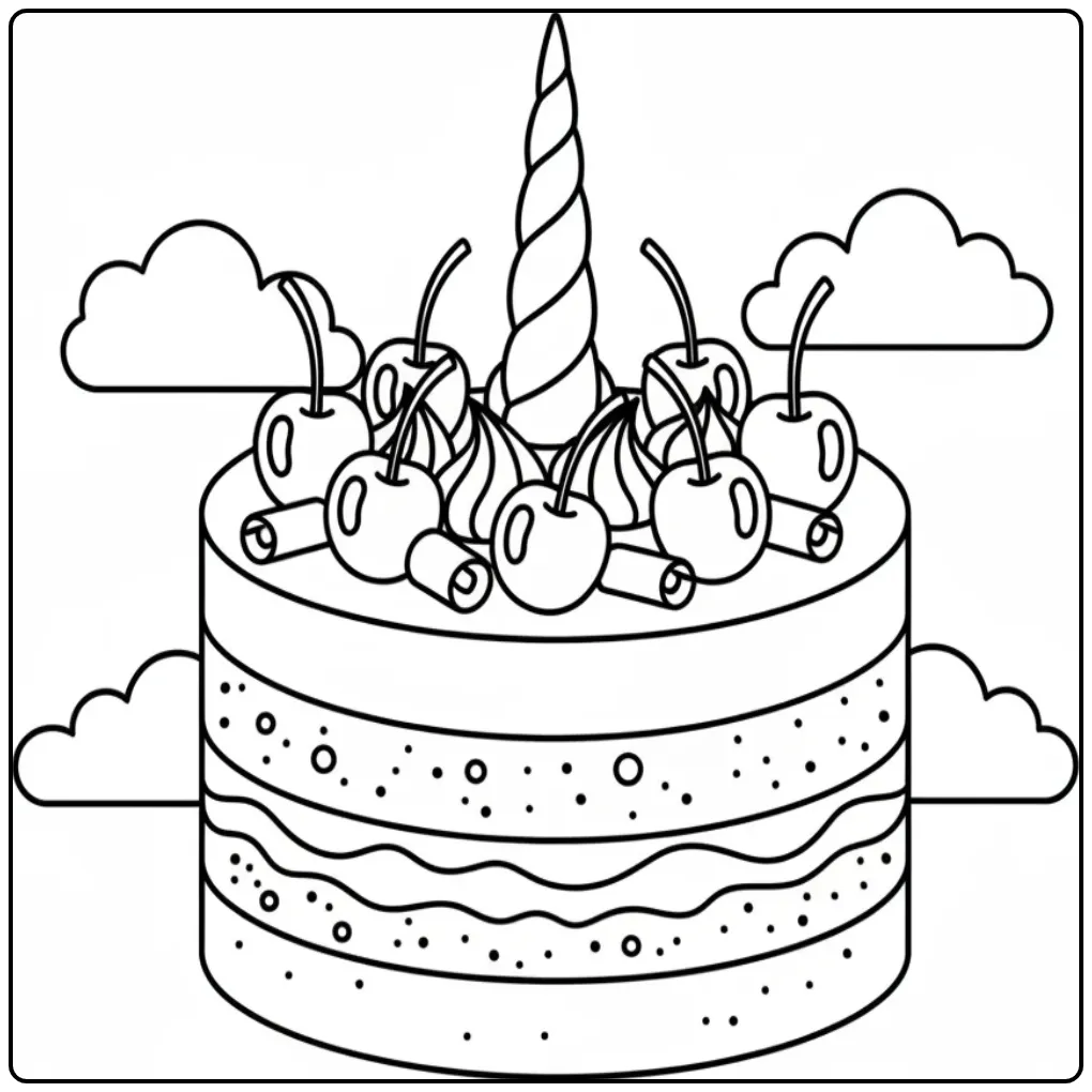 Joli coloriage gateau licorne de style Forêt-Noire avec cerises.