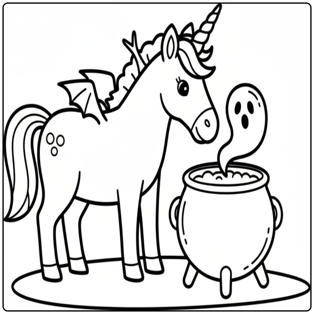 Adorable coloriage licorne halloween près d'un chaudron magique.