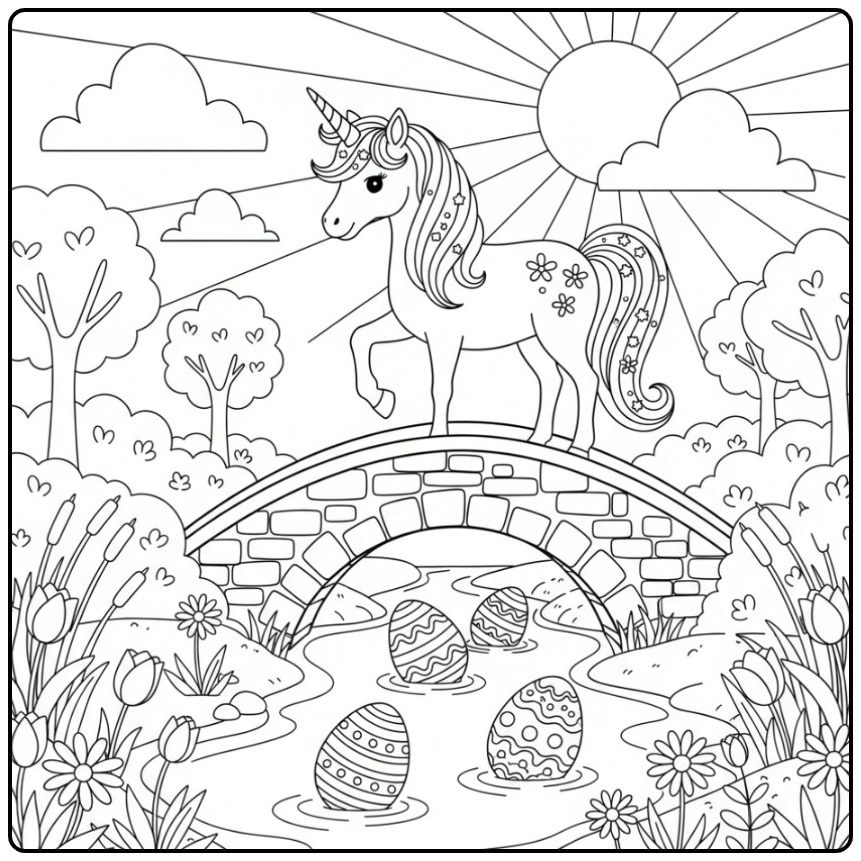 coloriage licorne paques, charmante licorne sur un pont fleuri