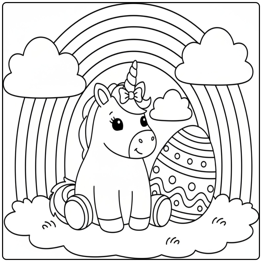 coloriage licorne paques mignon avec arc-en-ciel et œuf de Pâques.