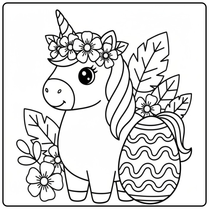 Adorable coloriage licorne paques avec oeuf et fleurs printanières.
