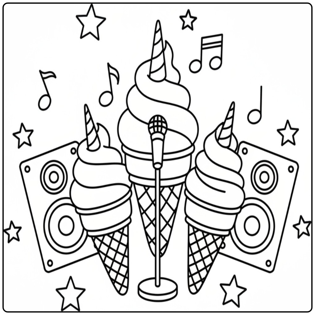 Groupe de musique pour un superbe coloriage glace licorne.