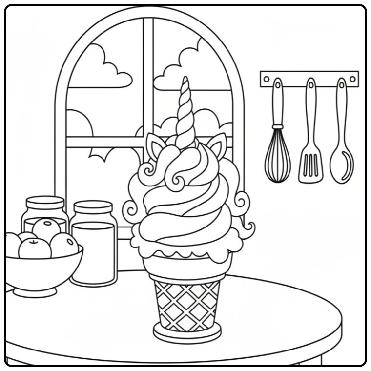 Une créature fantastique en coloriage glace licorne sur une table.