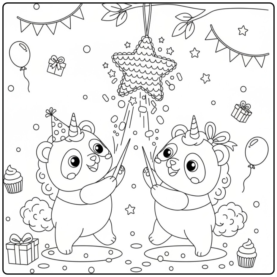 Joyeux Coloriage d’anniversaire panda licorne avec une piñata.