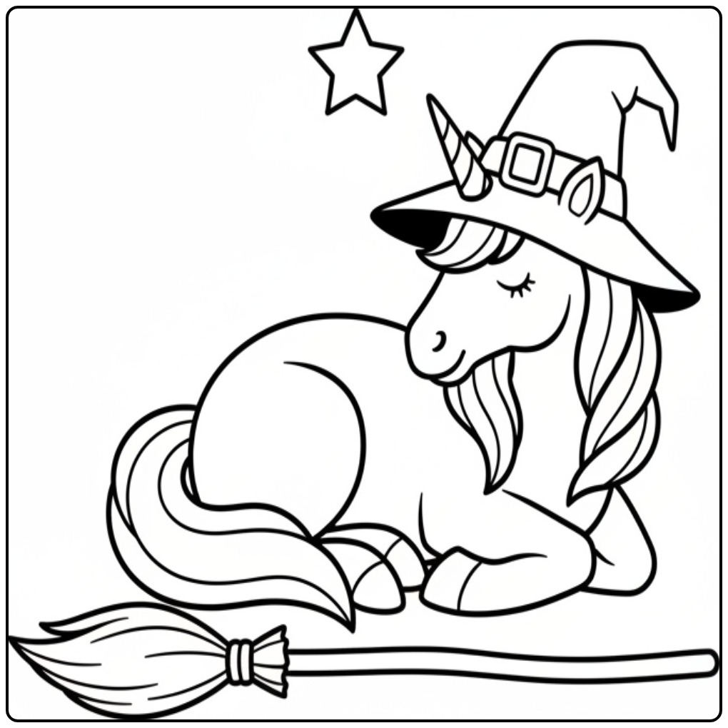 Une mignonne licorne sorcière, un coloriage licorne halloween.