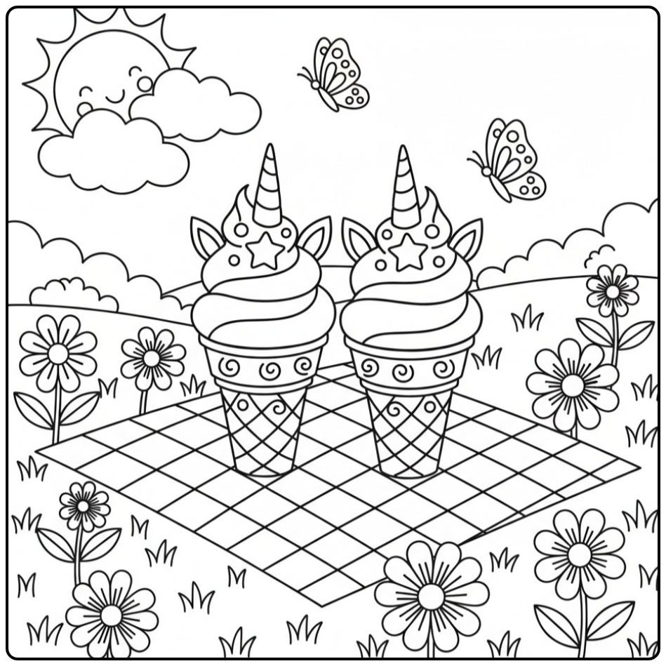 Dessin de pique-nique estival avec un coloriage glace licorne.