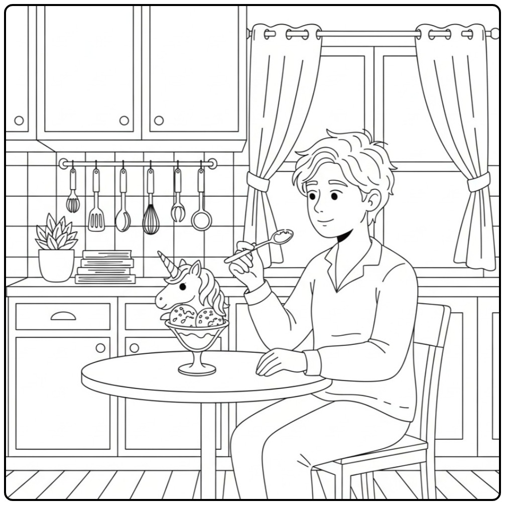 Un jeune garçon s'apprêtant à manger un coloriage glace licorne.