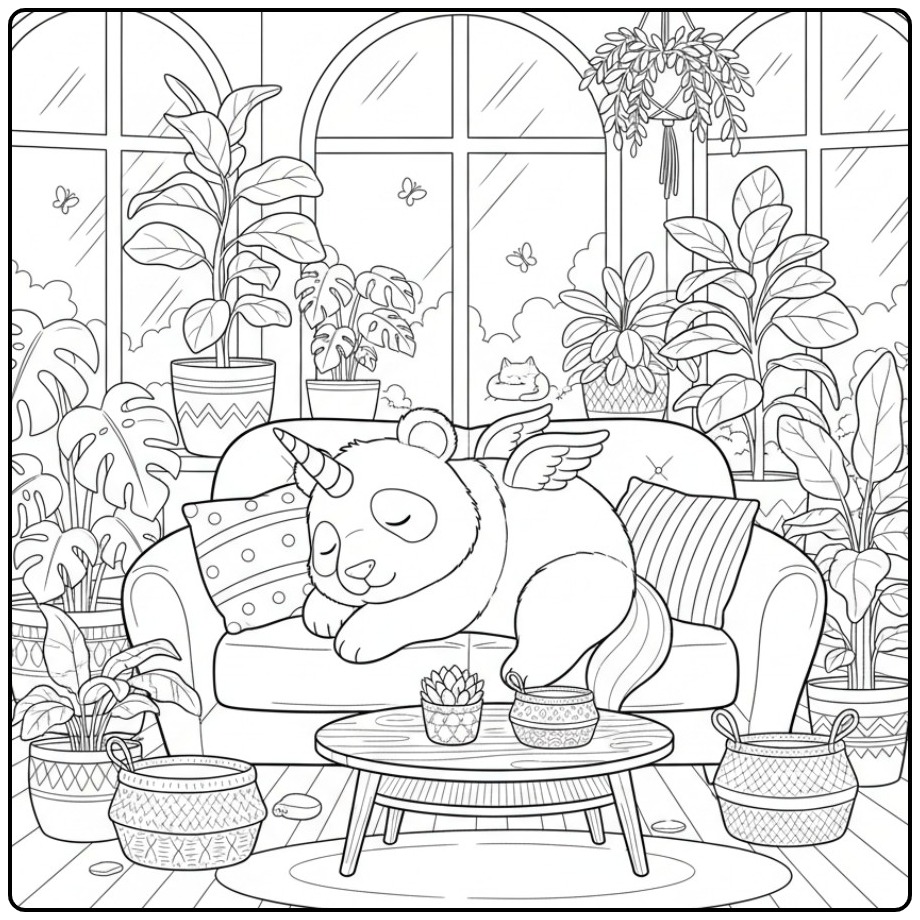 Un adorable coloriage panda licorne qui dort sur un canapé.