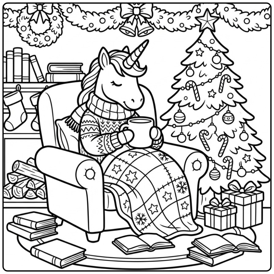 Un confortable coloriage licorne noel avec un chocolat chaud.