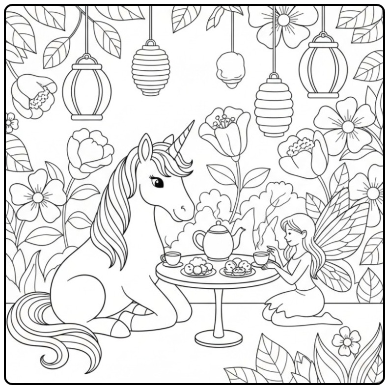 Joli coloriage fée licorne prenant le thé dans un jardin.