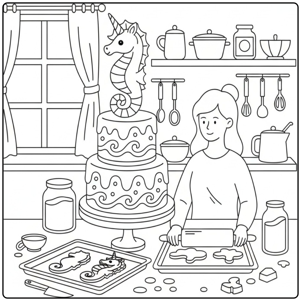Une femme en cuisine avec un coloriage hippocampe licorne.