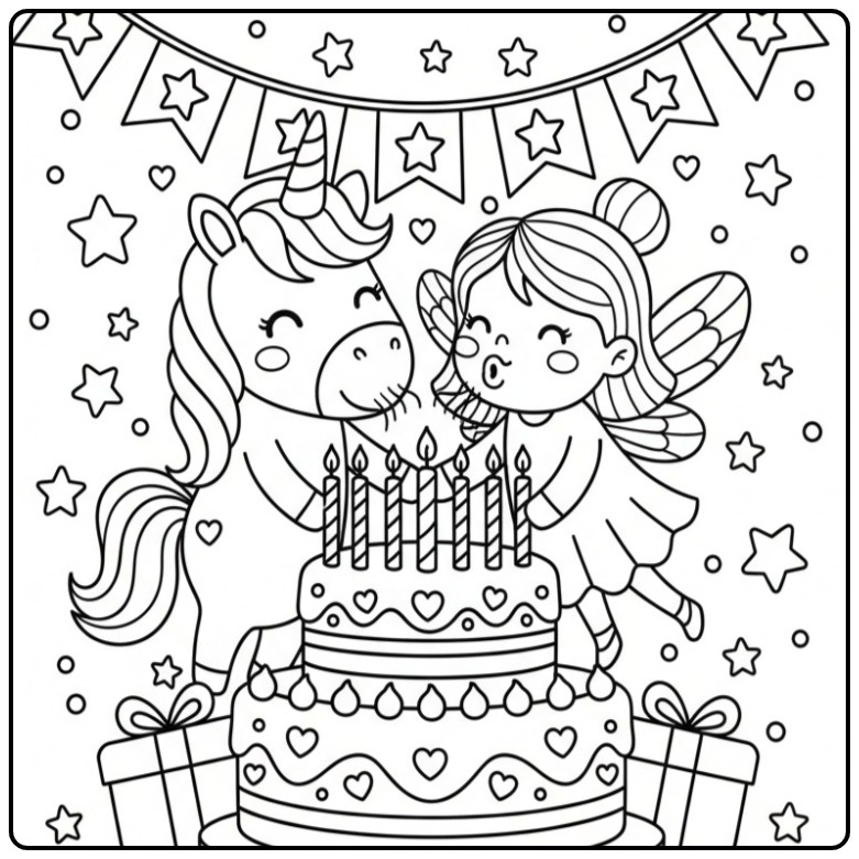 Une fée et son ami dans ce Coloriage Fête d'Anniversaire Licorne.