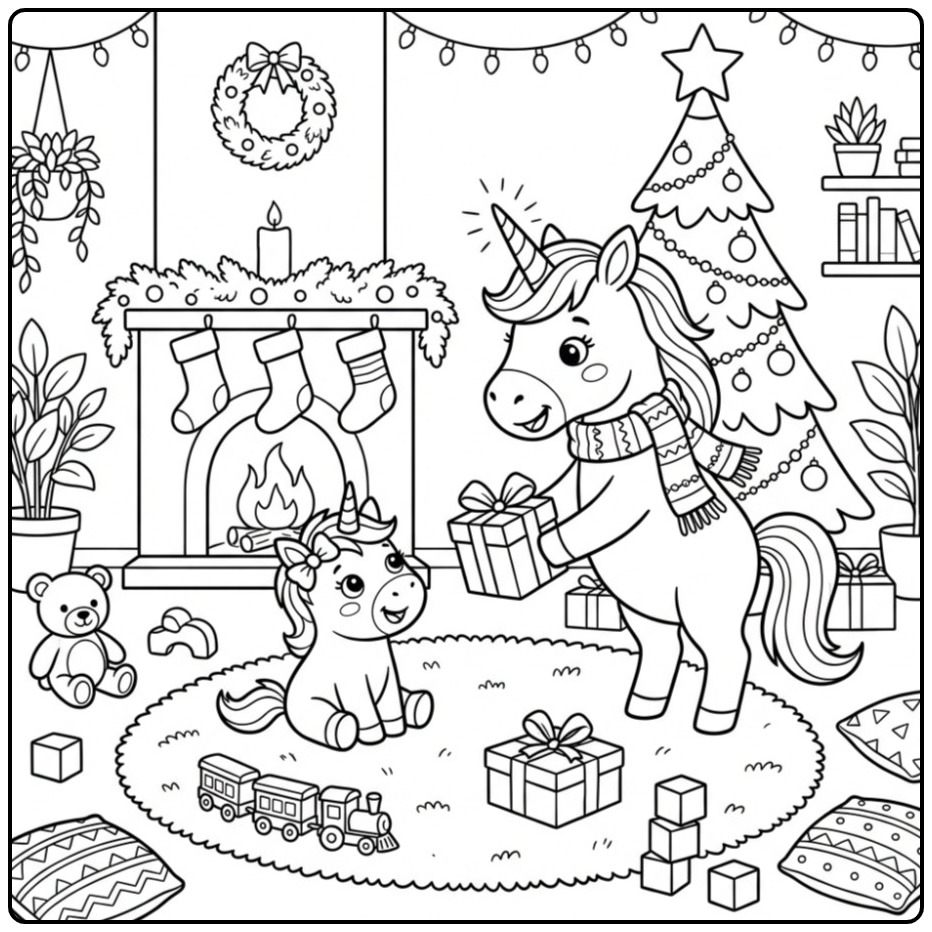 Scène festive avec ce coloriage Licorne de Noël et Cadeaux.