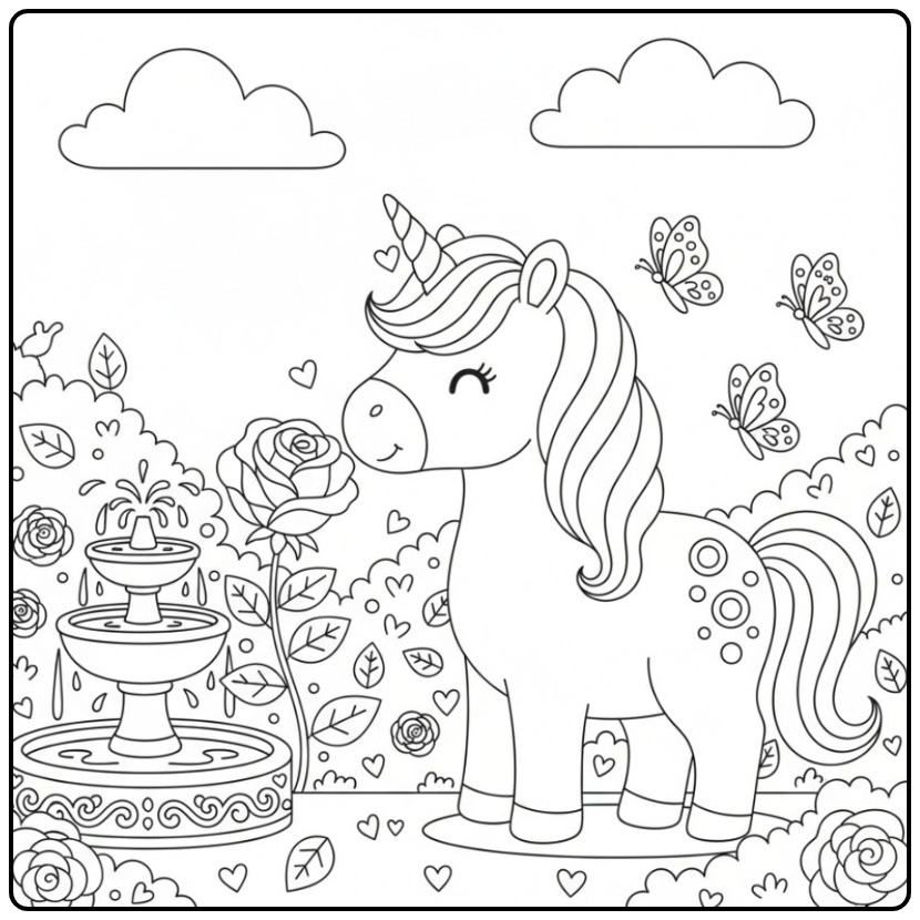 Coloriage licorne et rose dans un jardin avec une fontaine.