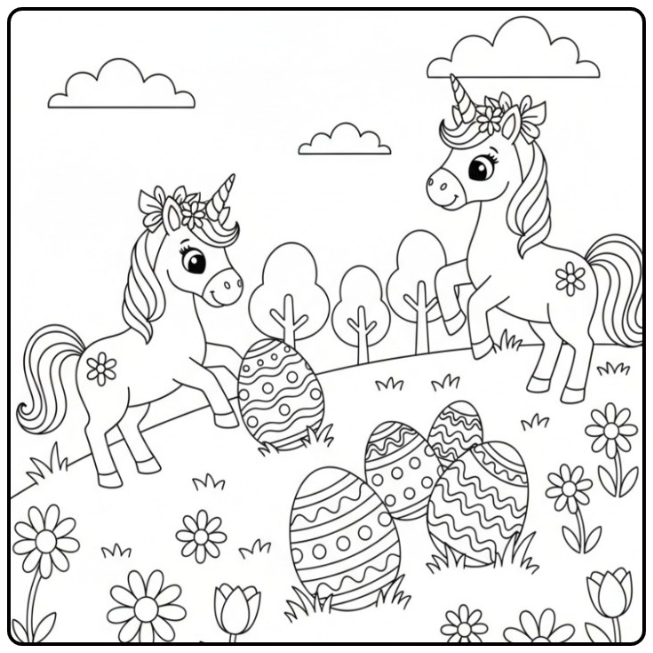 Magnifique coloriage licorne paques avec des œufs enchantés