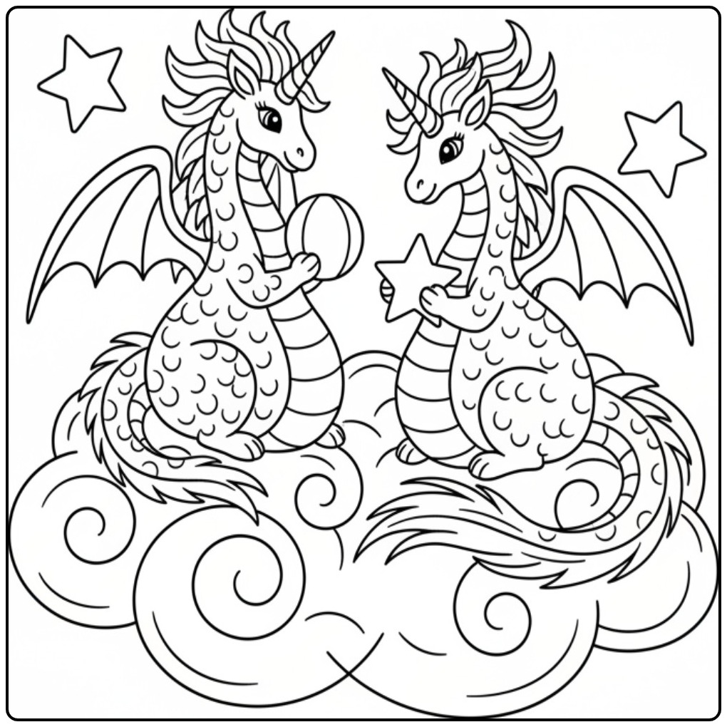 Deux amis créatures magiques pour un coloriage dragon licorne.