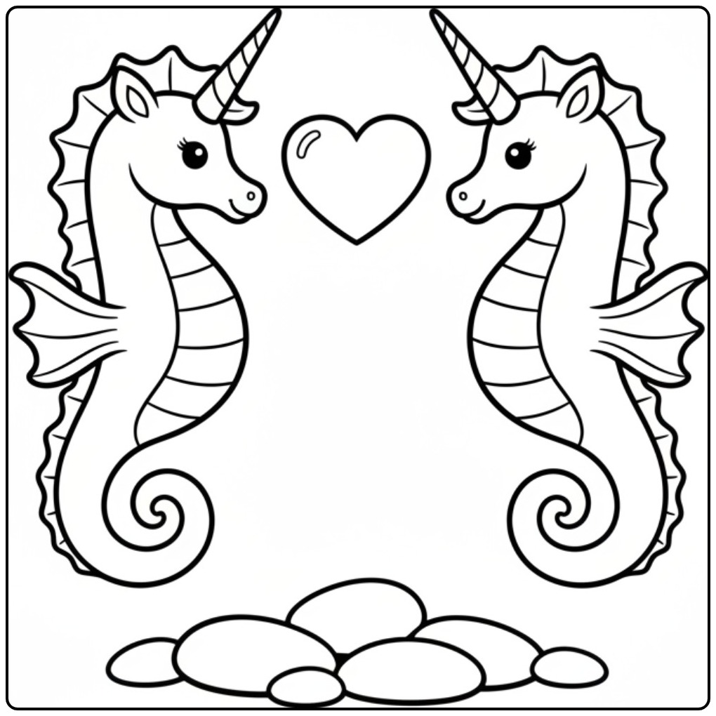 Deux créatures fantastiques pour un coloriage hippocampe licorne.