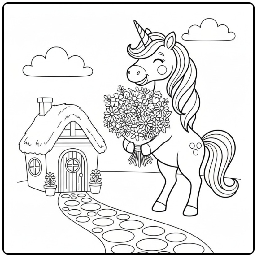 Dessin simple de coloriage licorne fleur avec sa petite maison.