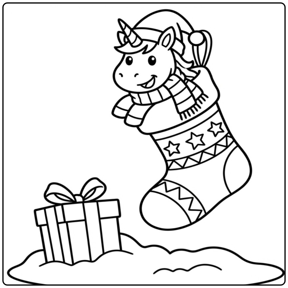 Un joli coloriage licorne noel dans une grande chaussette.