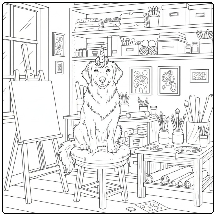 Un adorable coloriage chien licorne dans un atelier d'artiste.