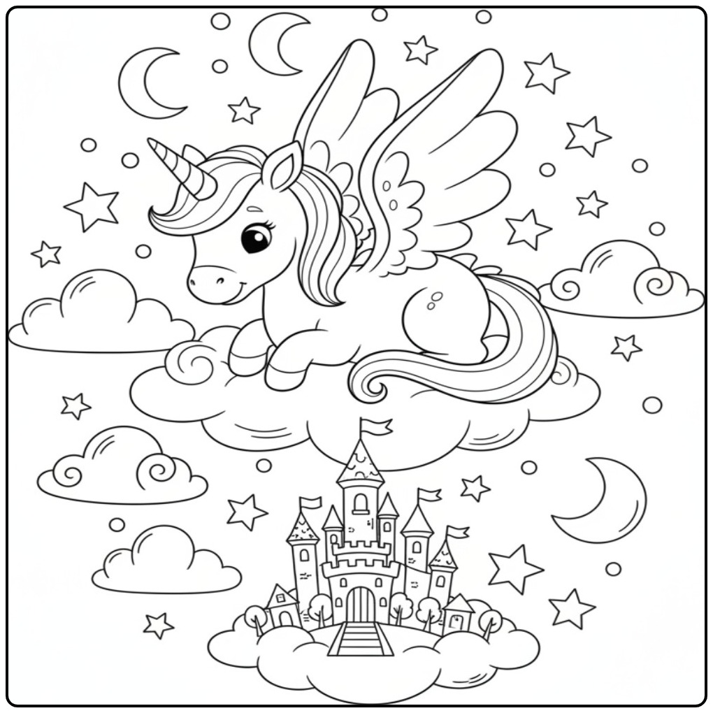 Coloriage dragon licorne et château avec une créature ailée.